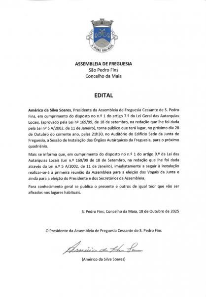 Ato de instalação dos novos órgãos autárquicos da Freguesia